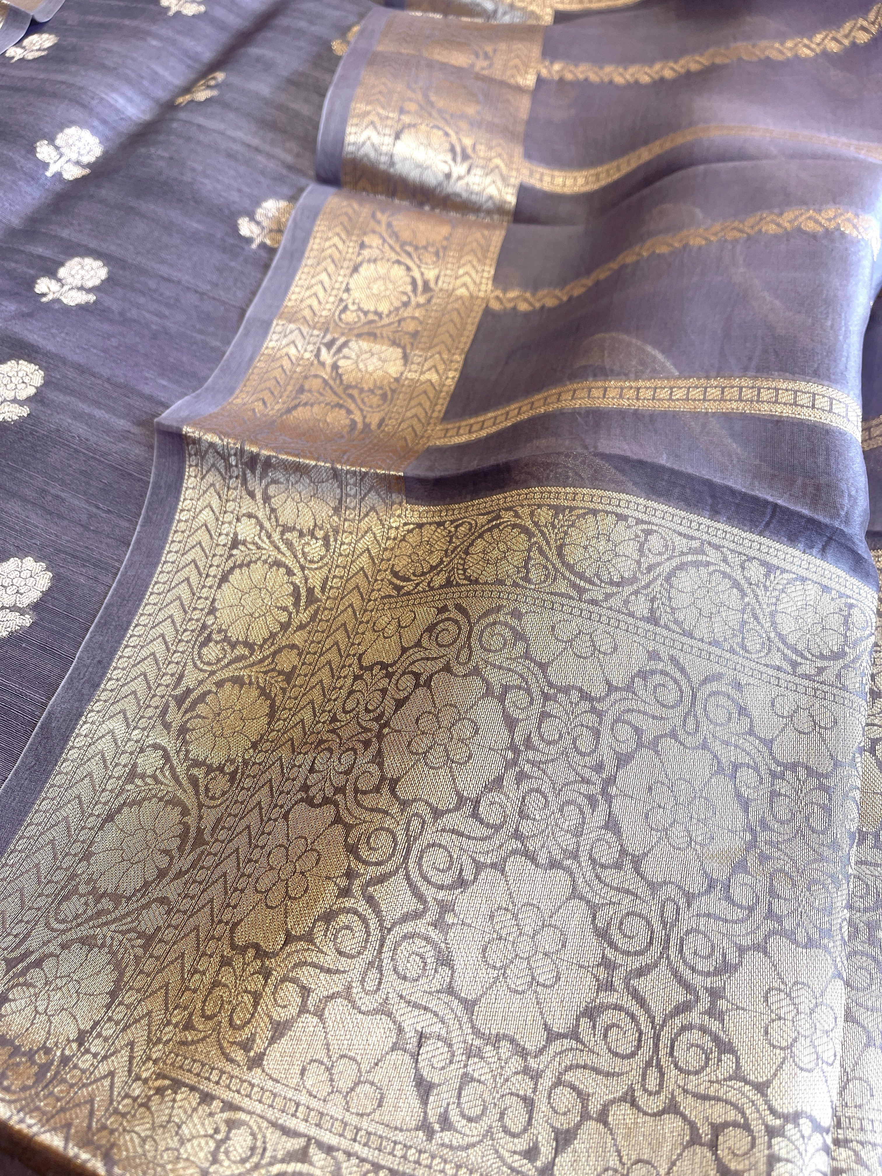 Purplish Blue Designer Banarasi Suit Set in Raw Silk - Masakalee