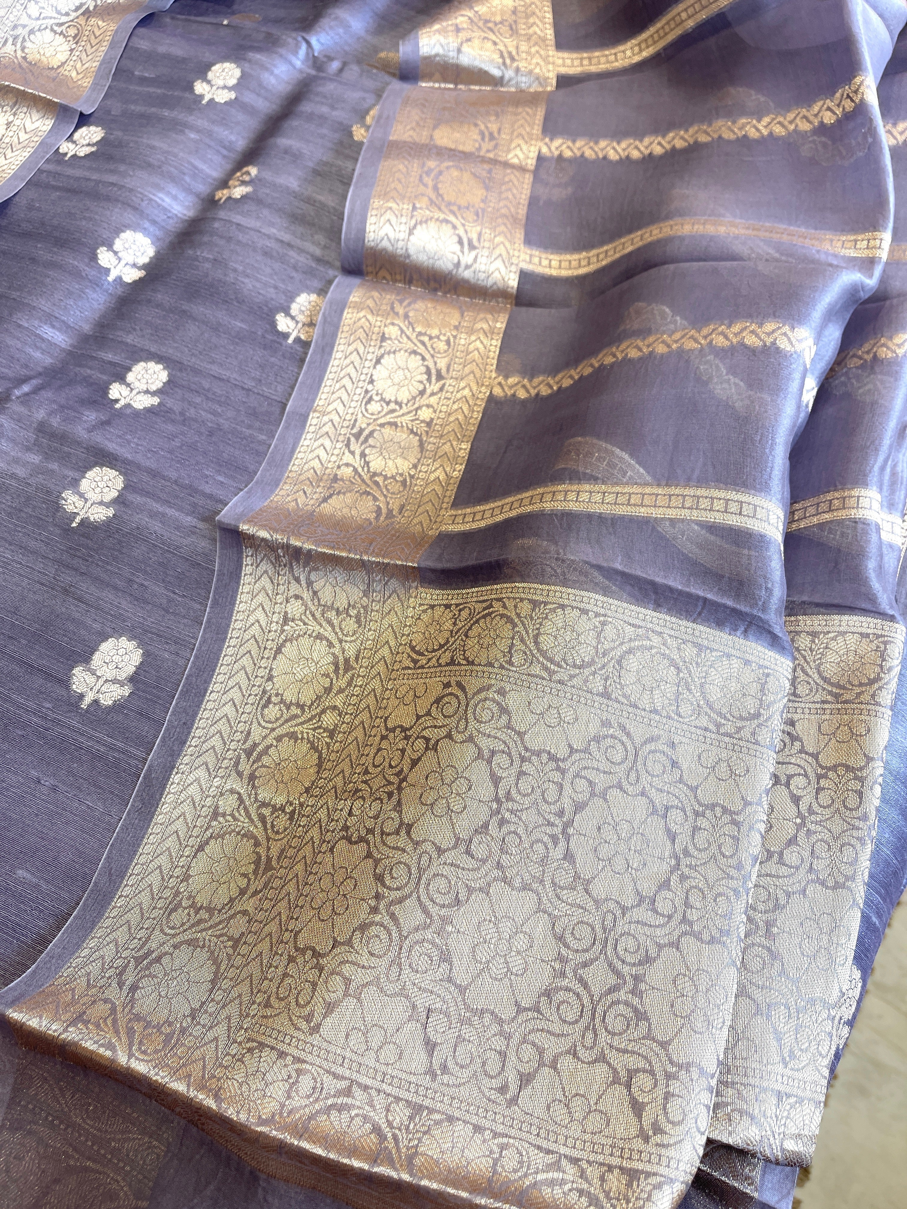 Purplish Blue Designer Banarasi Suit Set in Raw Silk - Masakalee