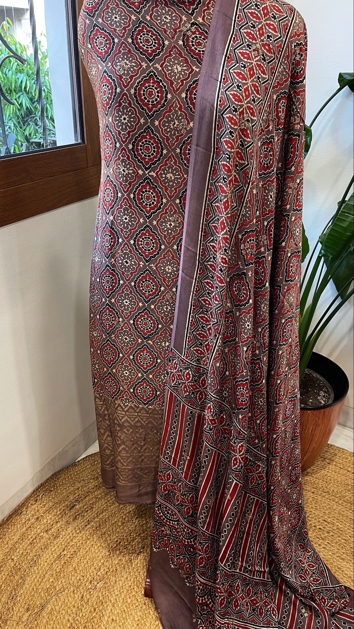 Purplish Brown Suit Set with Ajrakh Handblock Print and Sequin Embroidery in Modal Silk - Masakalee