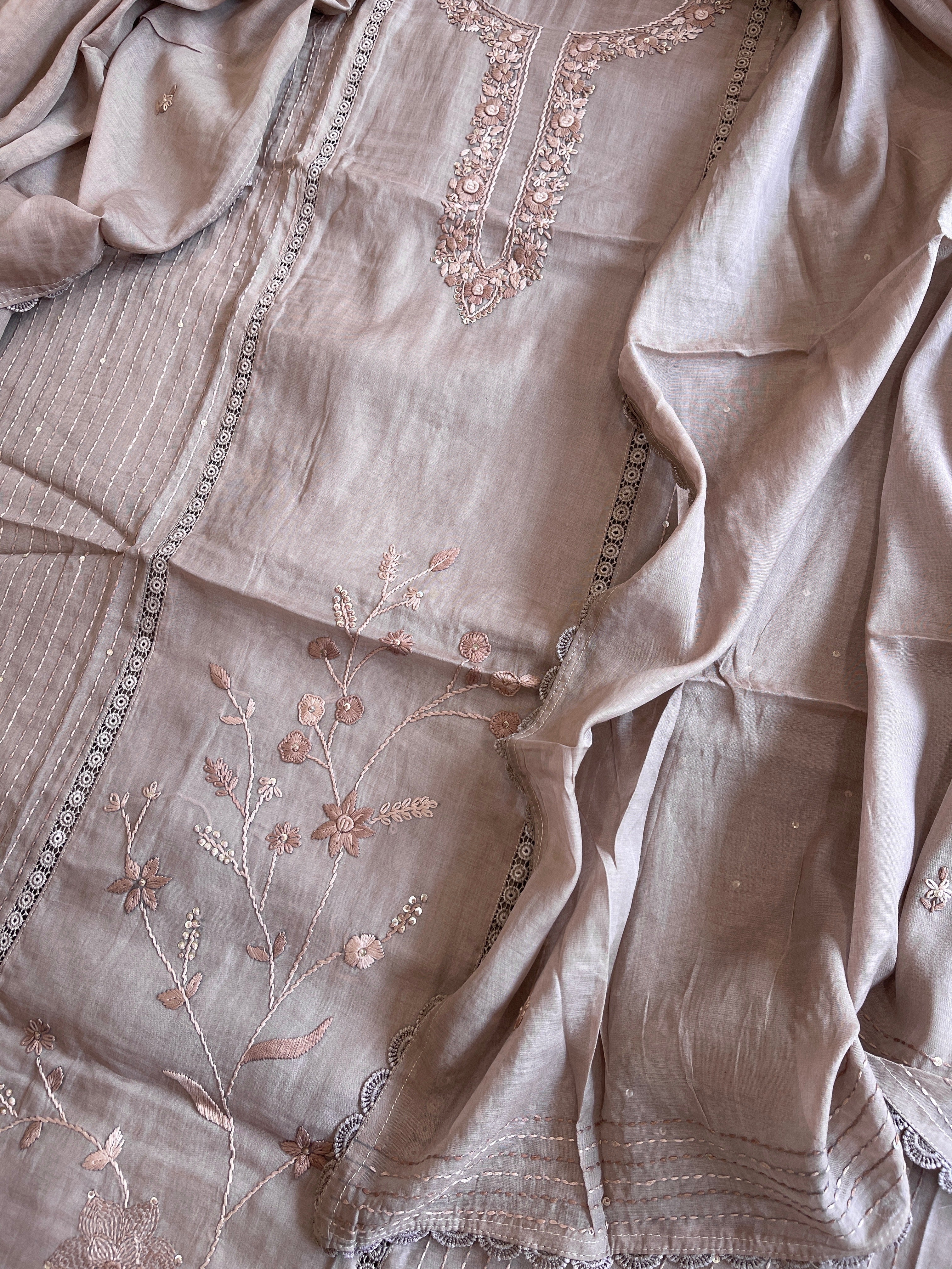 Purplish Brown Suit Set with Sequin ad Knot handwork in Mul Chanderi - Masakalee