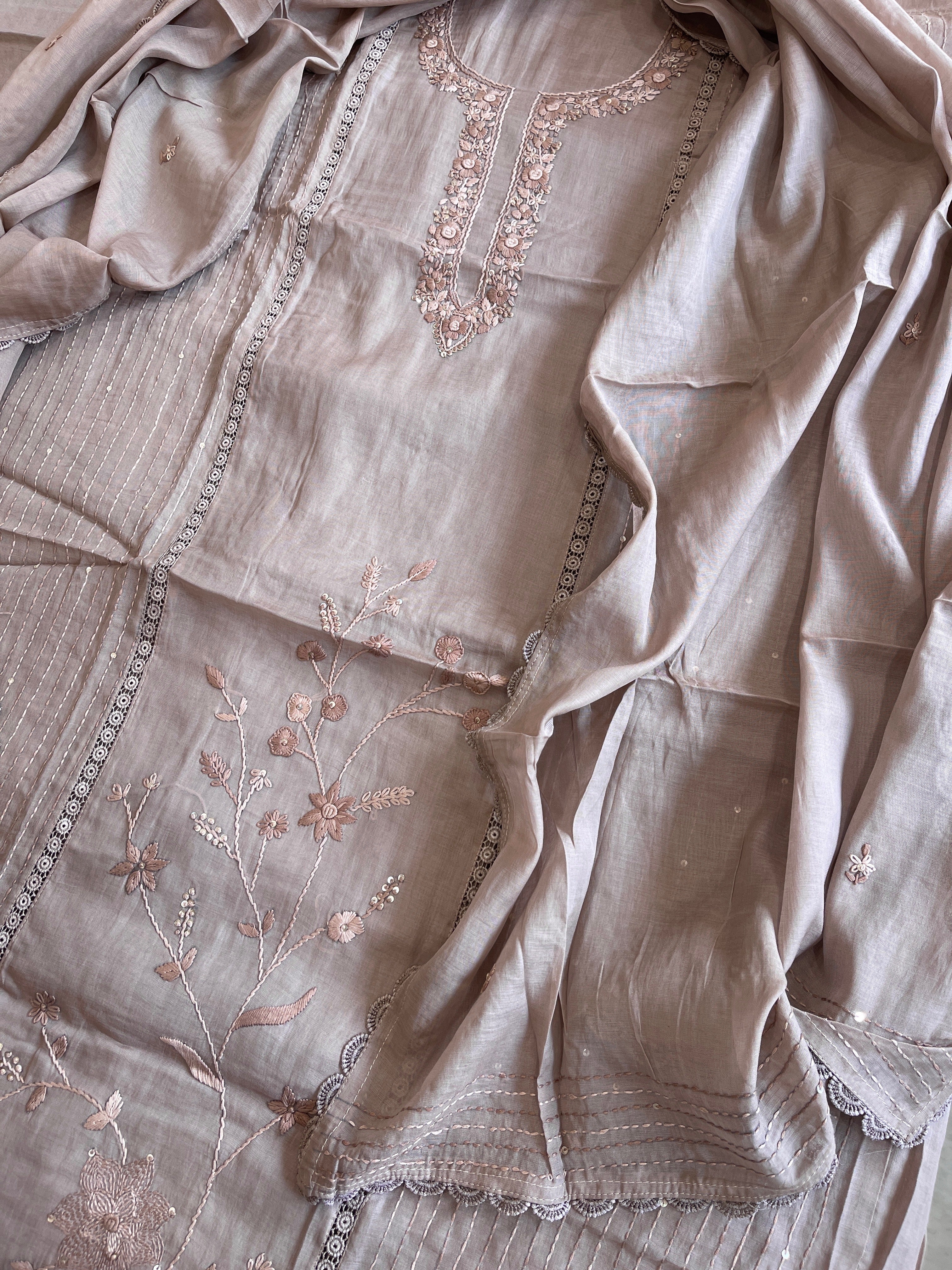Purplish Brown Suit Set with Sequin ad Knot handwork in Mul Chanderi - Masakalee