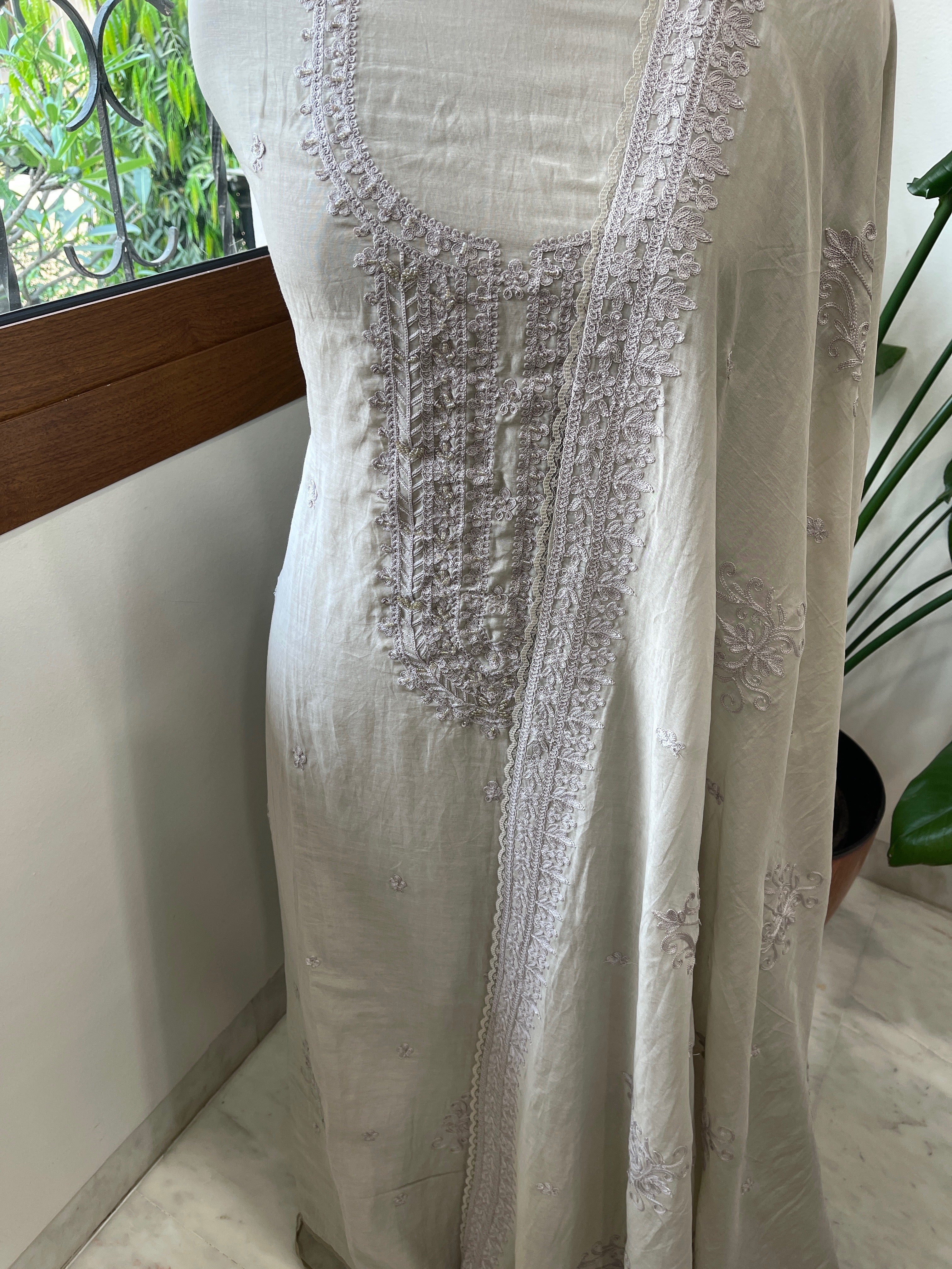 Purplish Grey Suit Set with Aari Threadwork and Pearl, Sequin work in Pure Mul Chanderi - Masakalee