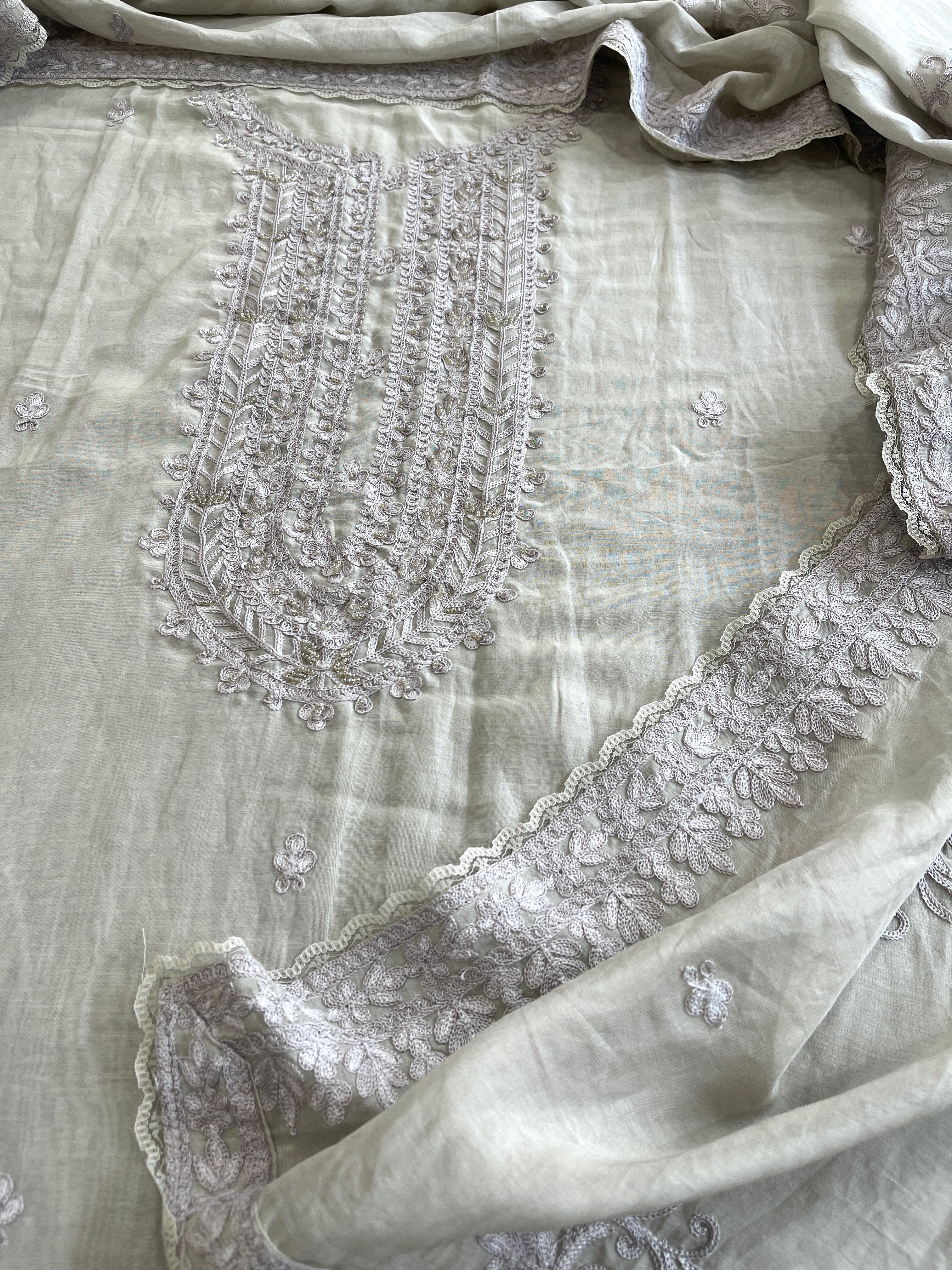 Purplish Grey Suit Set with Aari Threadwork and Pearl, Sequin work in Pure Mul Chanderi - Masakalee