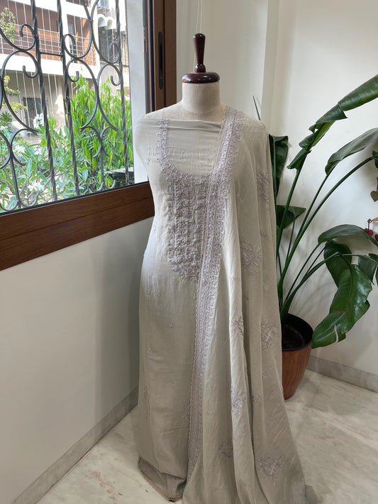 Purplish Grey Suit Set with Aari Threadwork and Pearl, Sequin work in Pure Mul Chanderi - Masakalee