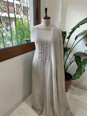 Purplish Grey Suit Set with Aari Threadwork and Pearl, Sequin work in Pure Mul Chanderi - Masakalee
