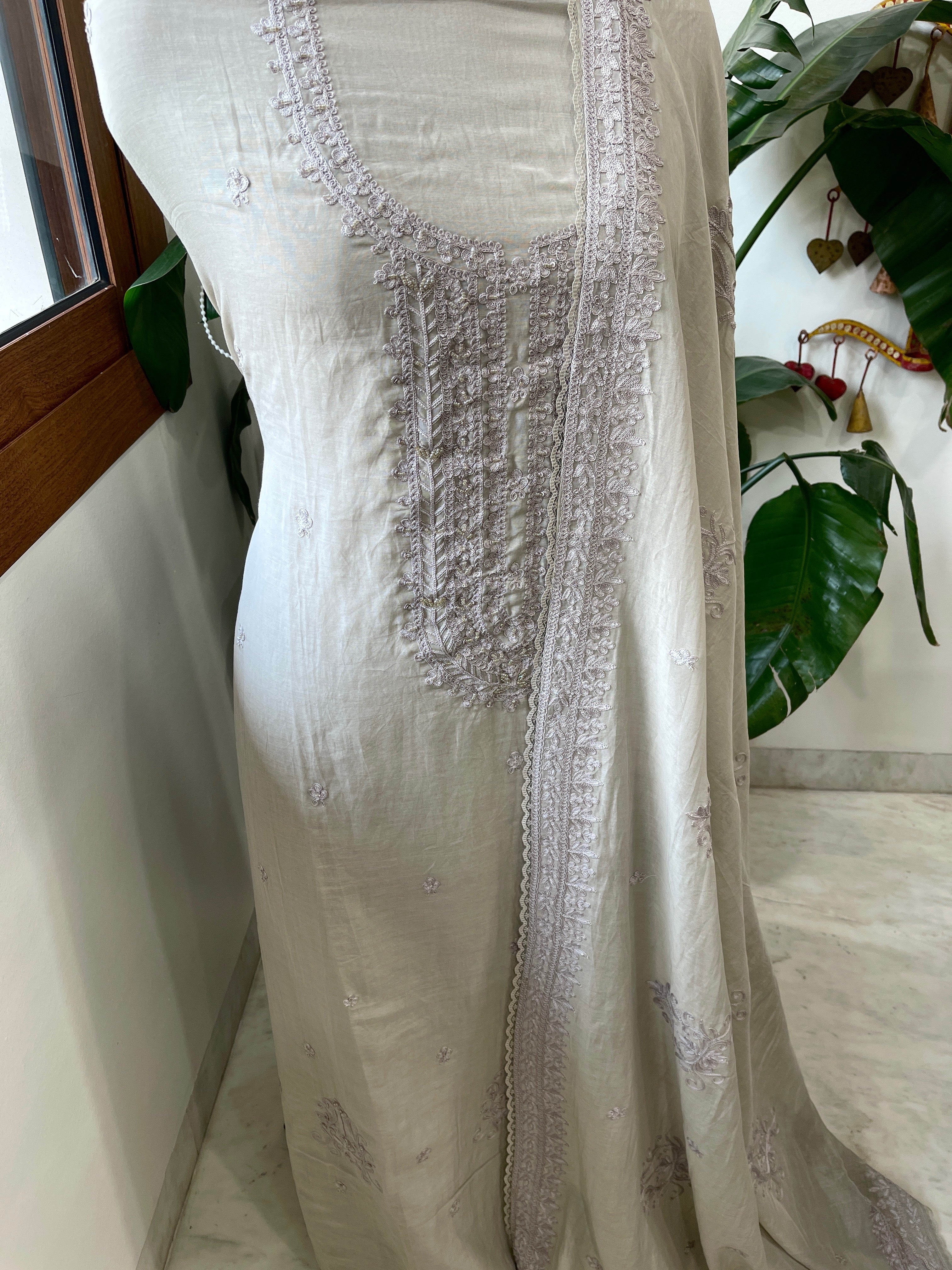 Purplish Grey Suit Set with Aari Threadwork and Pearl, Sequin work in Pure Mul Chanderi - Masakalee