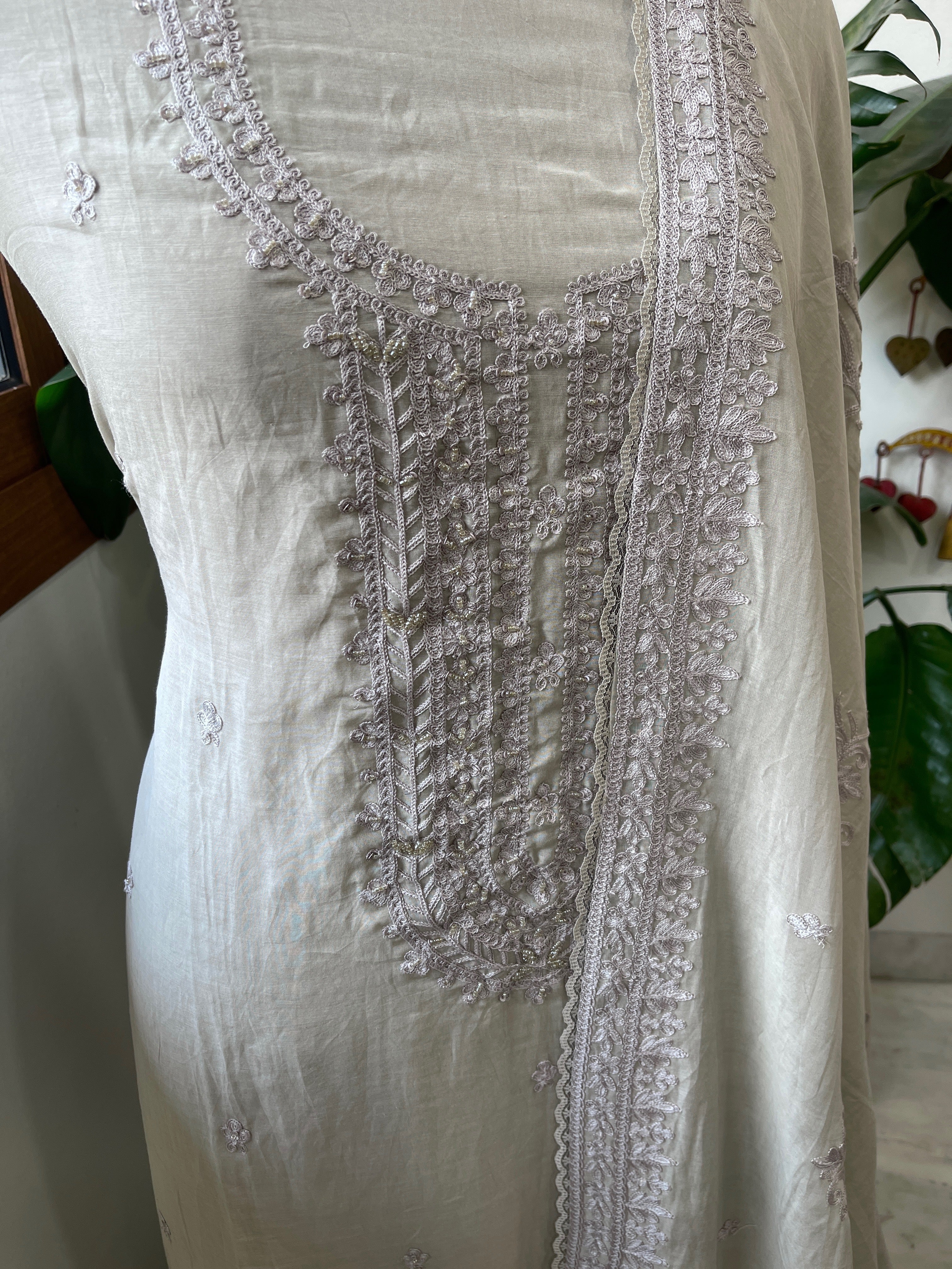 Purplish Grey Suit Set with Aari Threadwork and Pearl, Sequin work in Pure Mul Chanderi - Masakalee