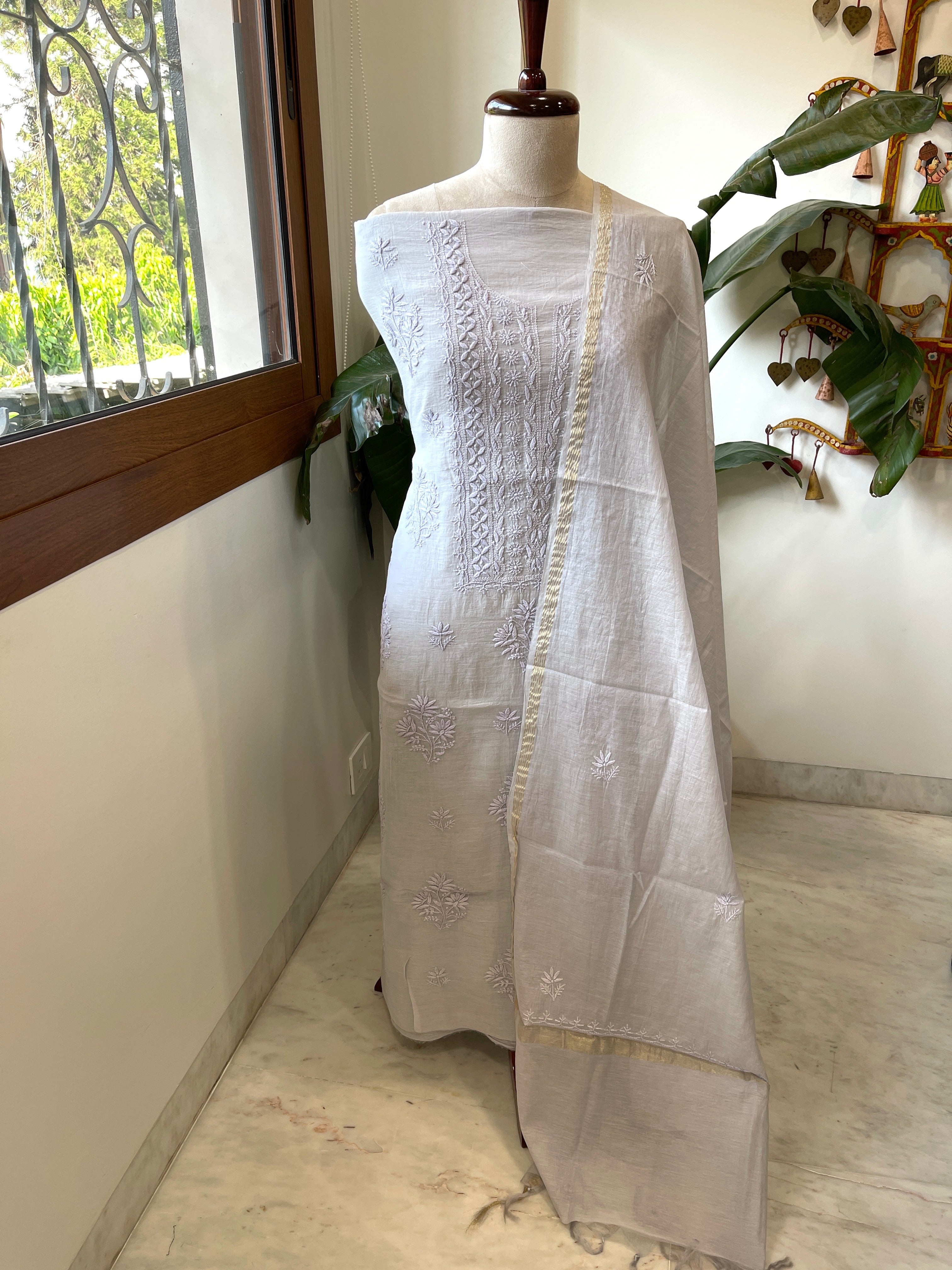 Purplish Grey Suit Set with Lucknowi Handwork in Pure Mul Chanderi - Masakalee