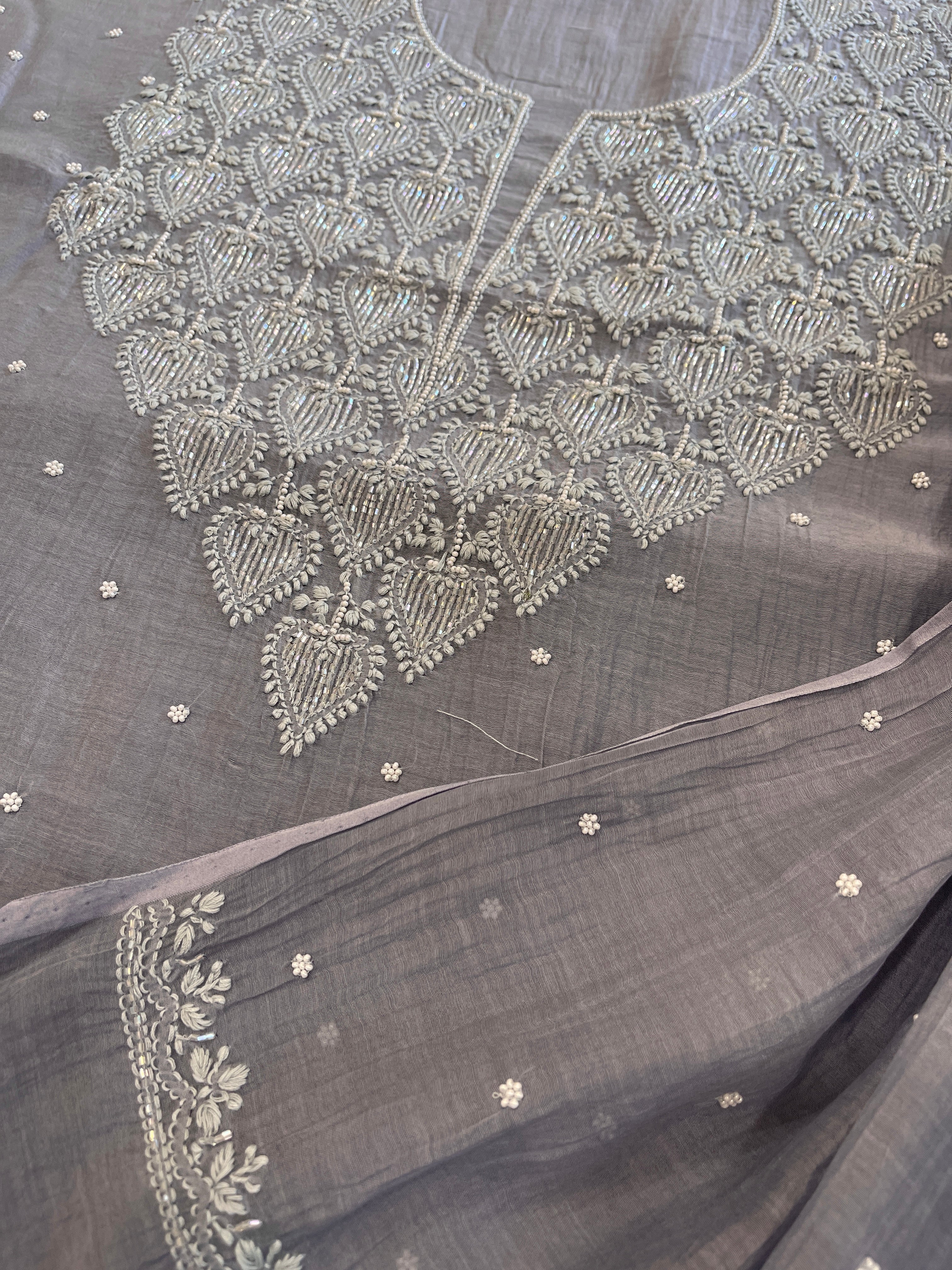 Purplish Grey Suit Set with Pearl, Cut Daana and Thread Handwork in Pure Mul Chanderi - Masakalee