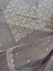 Purplish Grey Suit Set with Pearl, Cut Daana and Thread Handwork in Pure Mul Chanderi - Masakalee