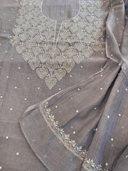 Purplish Grey Suit Set with Pearl, Cut Daana and Thread Handwork in Pure Mul Chanderi - Masakalee