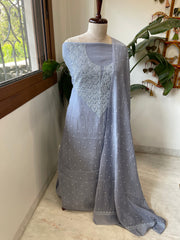 Purplish Grey Suit Set with Pearl, Cut Daana and Thread Handwork in Pure Mul Chanderi - Masakalee