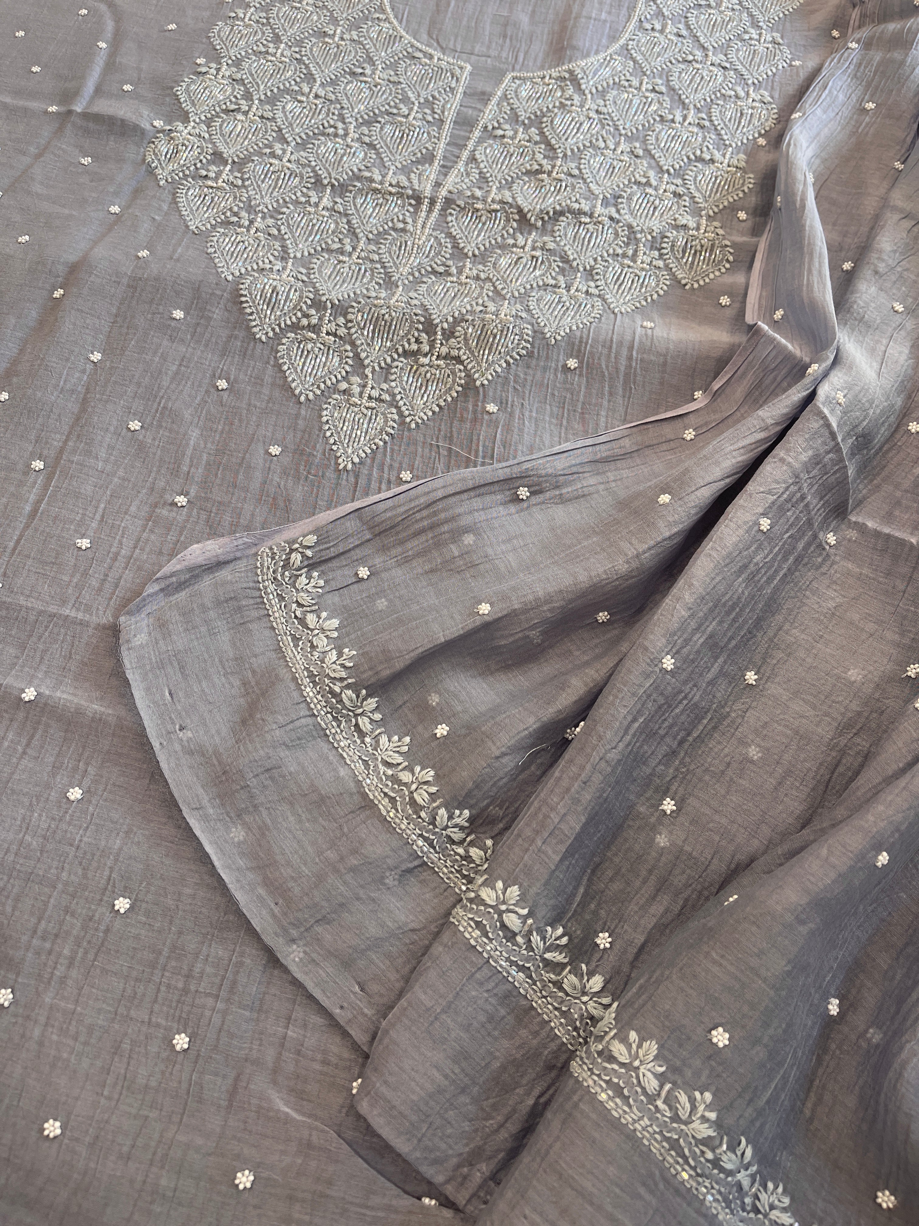 Purplish Grey Suit Set with Pearl, Cut Daana and Thread Handwork in Pure Mul Chanderi - Masakalee