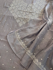Purplish Grey Suit Set with Pearl, Cut Daana and Thread Handwork in Pure Mul Chanderi - Masakalee
