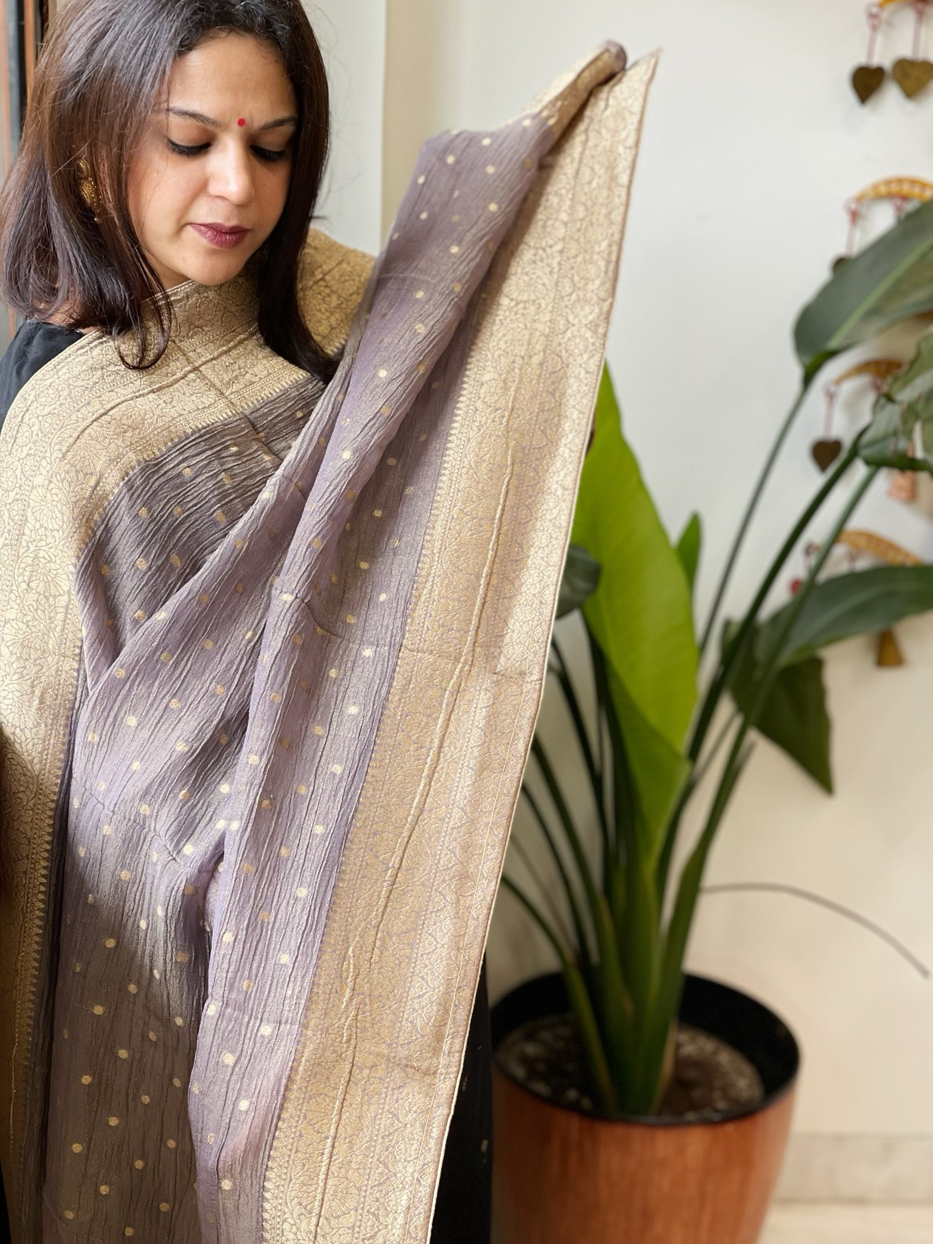 Purplish Grey Woven Banarasi Dupatta in Tissue - Masakalee