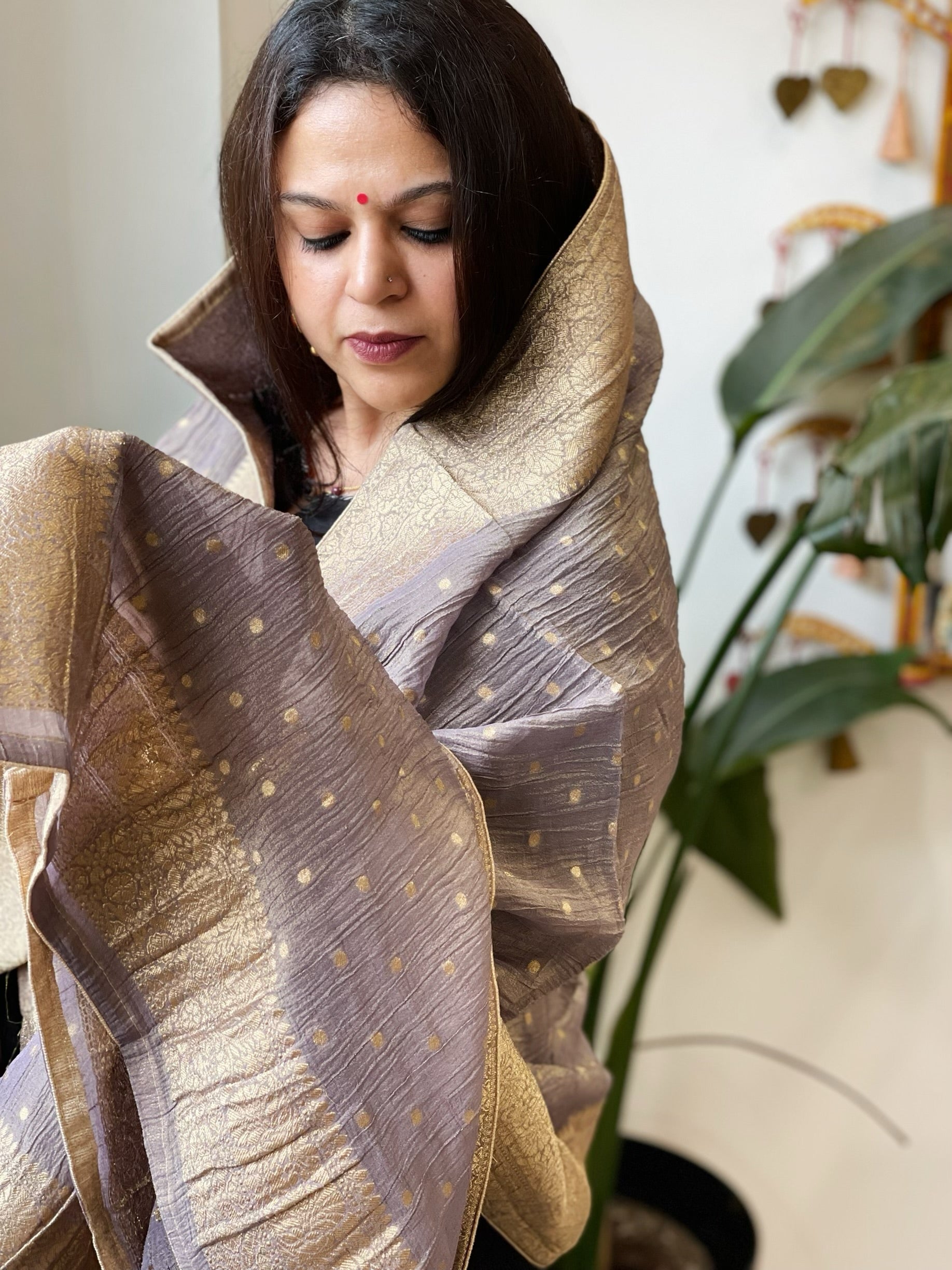 Purplish Grey Woven Banarasi Dupatta in Tissue - Masakalee
