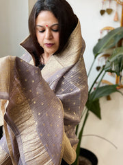 Purplish Grey Woven Banarasi Dupatta in Tissue - Masakalee