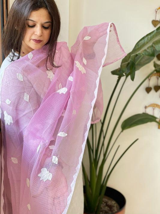 Purplish Pink Applique handwork Dupatta in Kota Cotton - Masakalee