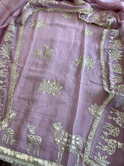 Purplish Pink Gota Applique Suit Set in Pure Mul Chanderi - Masakalee