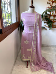 Purplish Pink Gota Applique Suit Set in Pure Mul Chanderi - Masakalee