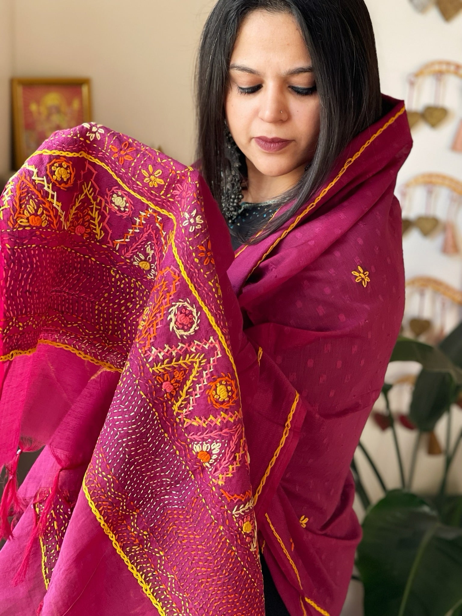 Purplish Pink Lambani Handwork Dupatta with Self in Pure Handwoven Cotton - Masakalee