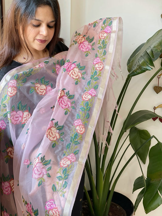 Purplish Pink Organza Dupatta with Cross - Stitch Embroidery - Masakalee