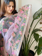 Purplish Pink Organza Dupatta with Cross - Stitch Embroidery - Masakalee