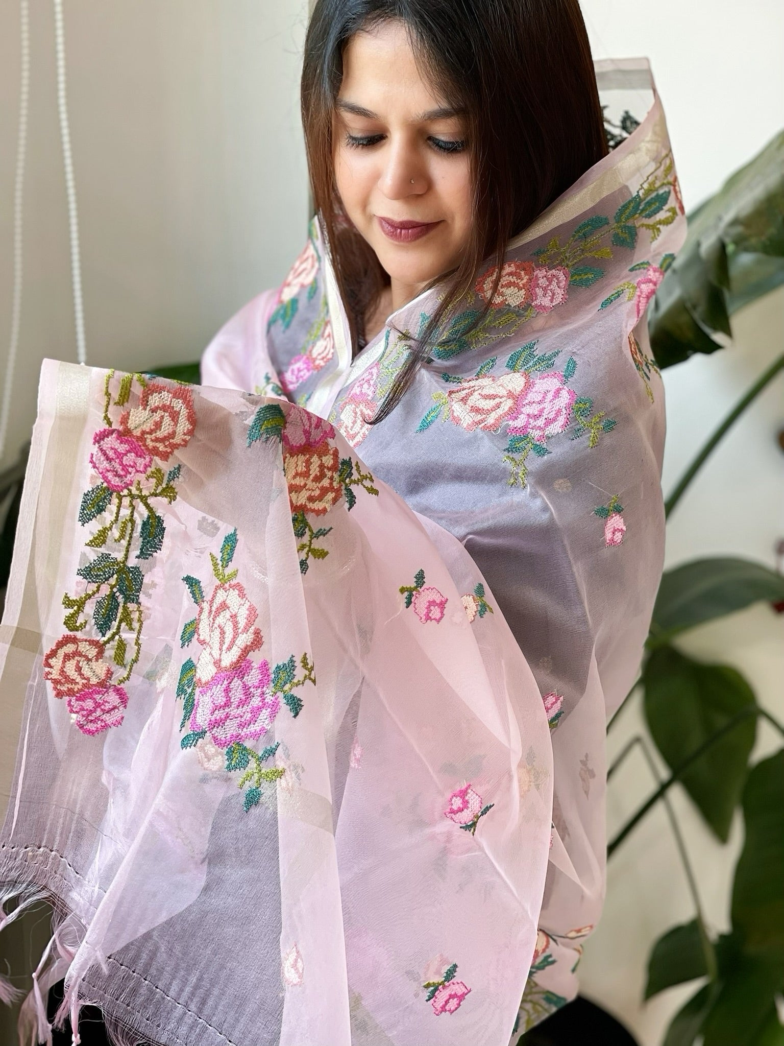 Purplish Pink Organza Dupatta with Cross - Stitch Embroidery - Masakalee