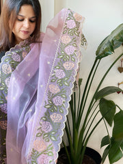 Purplish Pink Organza Dupatta with Cross - Stitch Embroidery - Masakalee