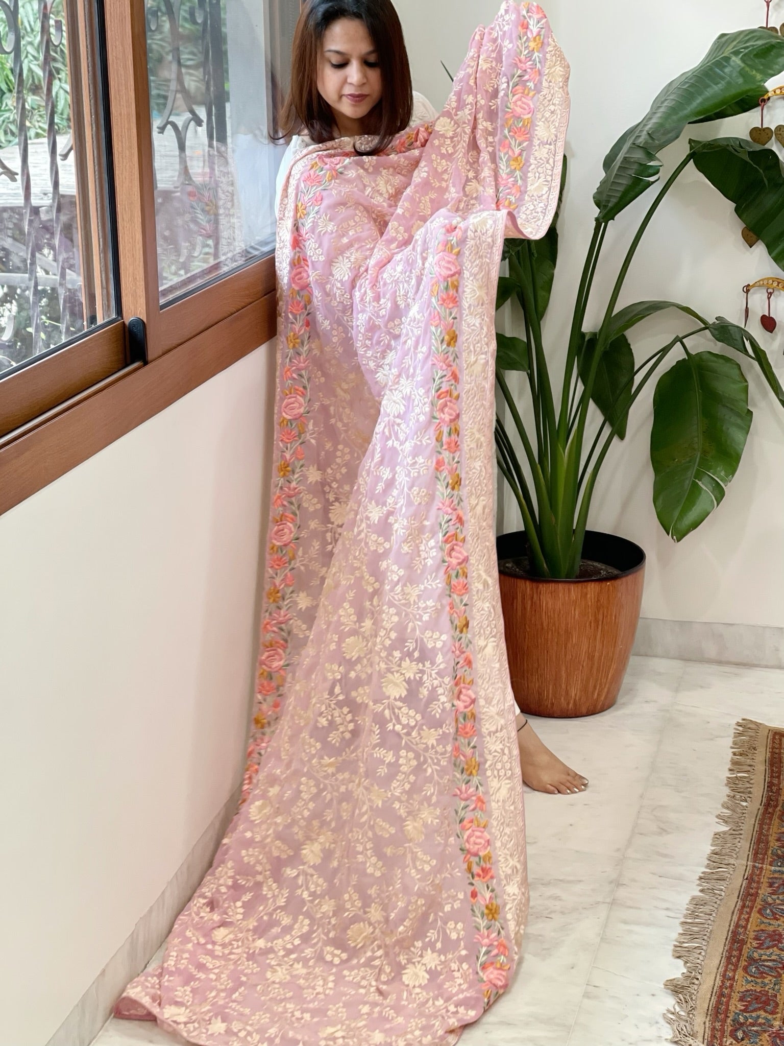 Purplish Pink Parsi Gara Embroidery Dupatta in Georgette - Masakalee