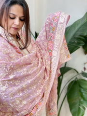 Purplish Pink Parsi Gara Embroidery Dupatta in Georgette - Masakalee