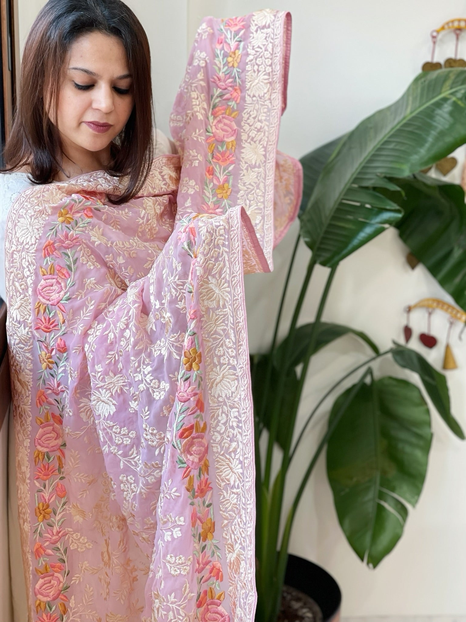 Purplish Pink Parsi Gara Embroidery Dupatta in Georgette - Masakalee