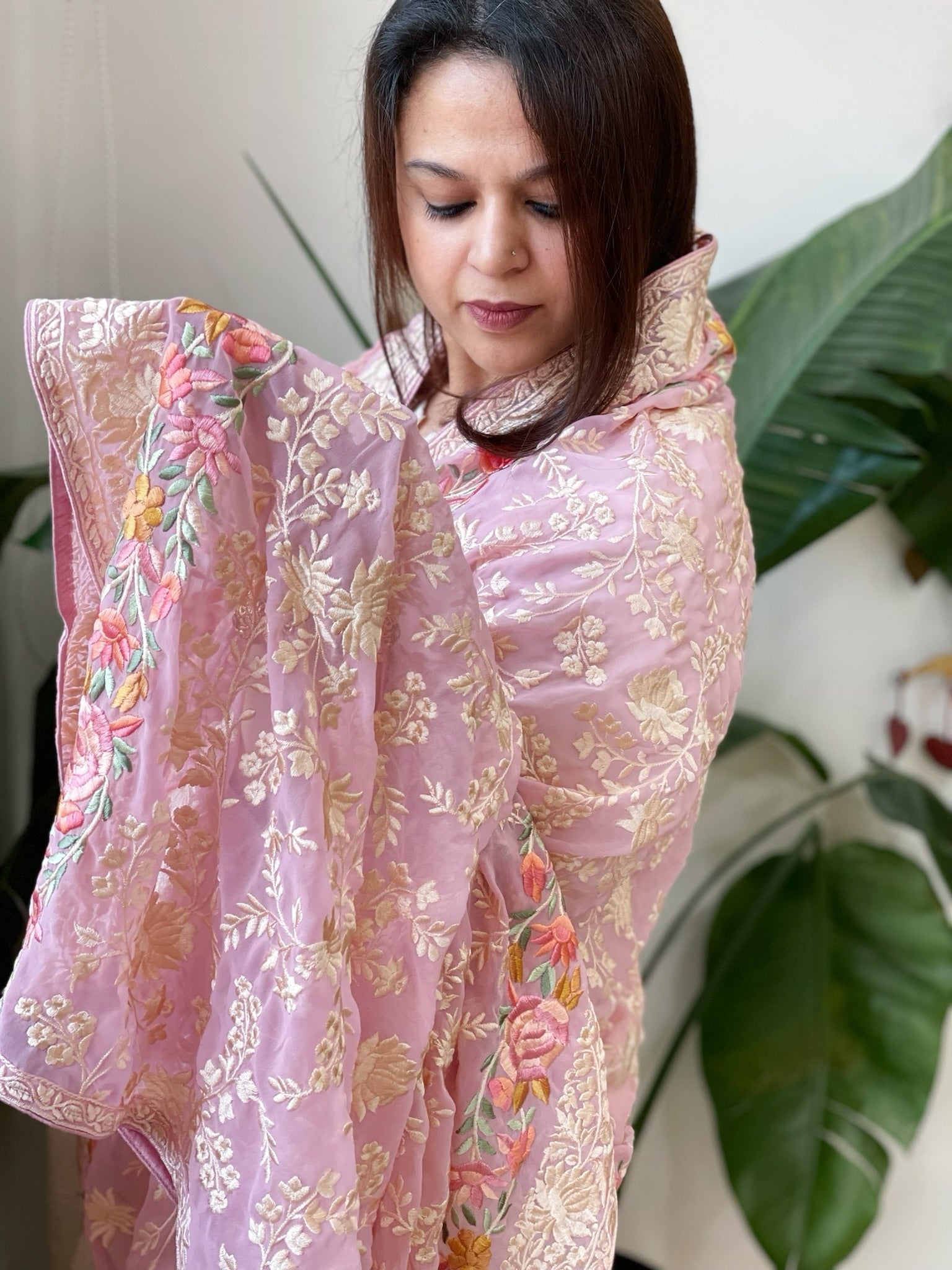 Purplish Pink Parsi Gara Embroidery Dupatta in Georgette - Masakalee