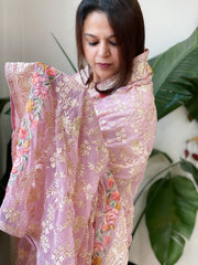 Purplish Pink Parsi Gara Embroidery Dupatta in Georgette - Masakalee