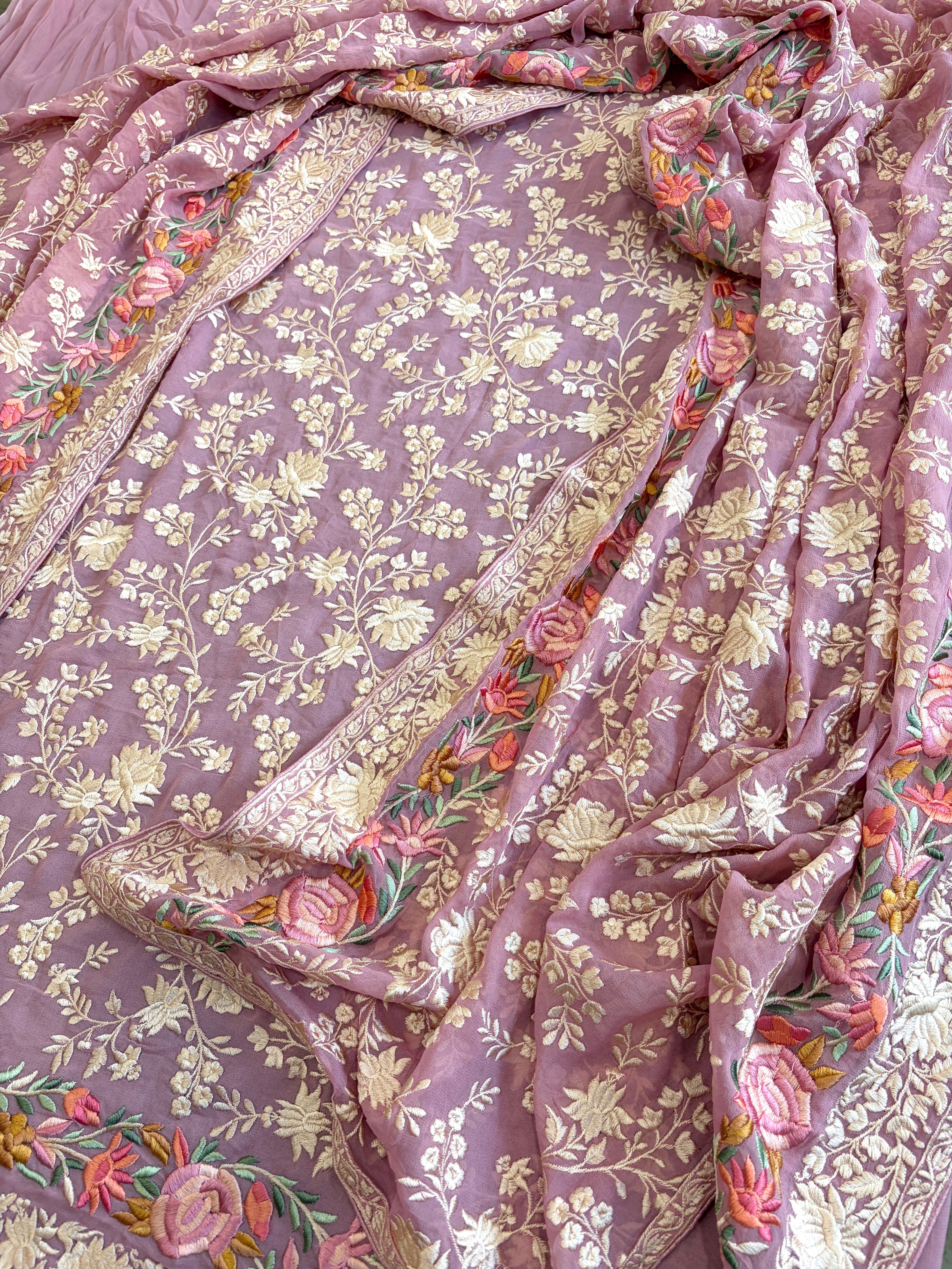 Purplish Pink Suit Set with Parsi Gara Embroidery in Georgette - Masakalee
