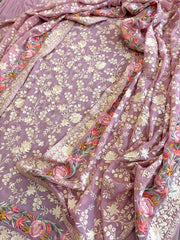 Purplish Pink Suit Set with Parsi Gara Embroidery in Georgette - Masakalee