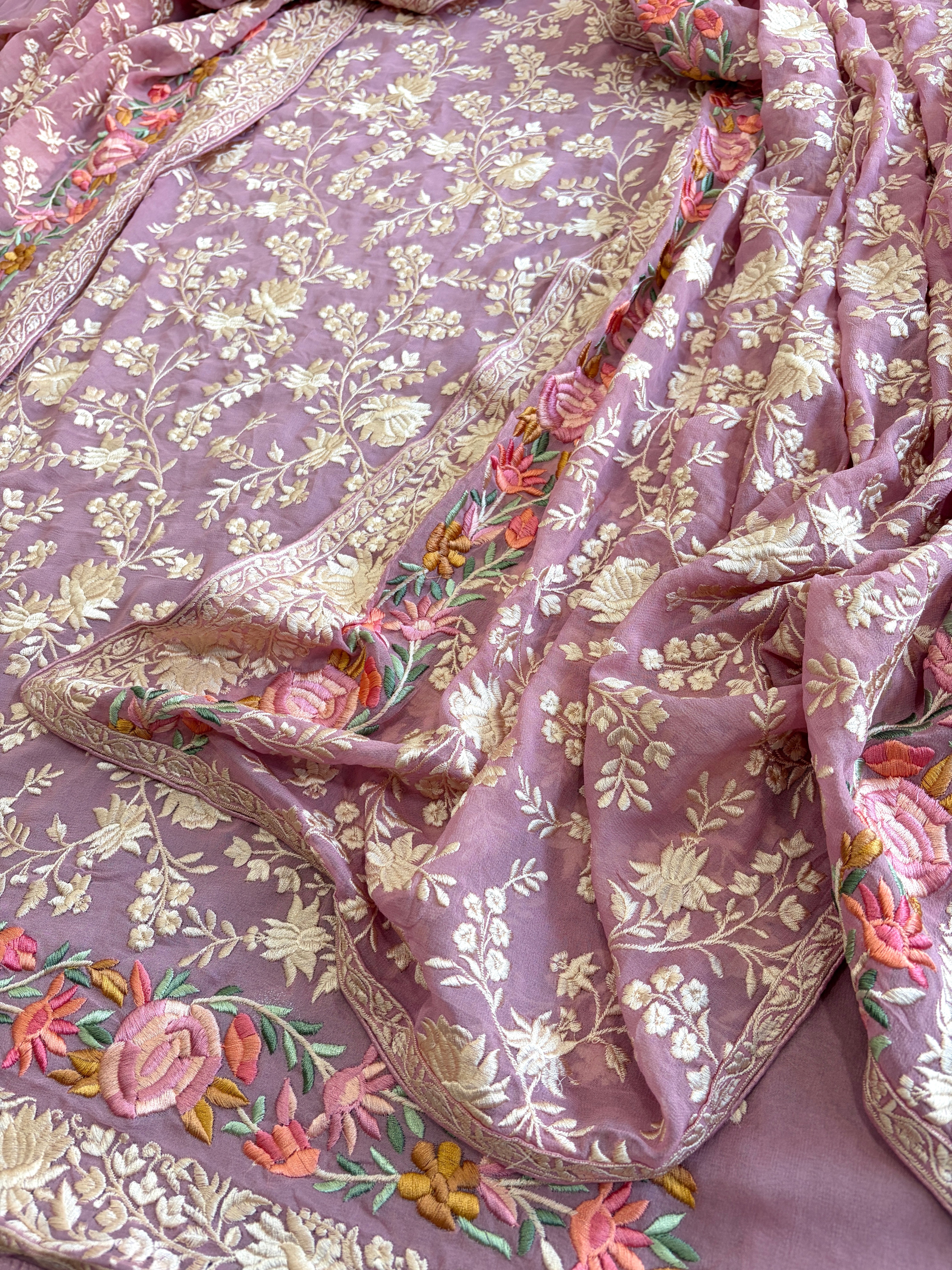 Purplish Pink Suit Set with Parsi Gara Embroidery in Georgette - Masakalee