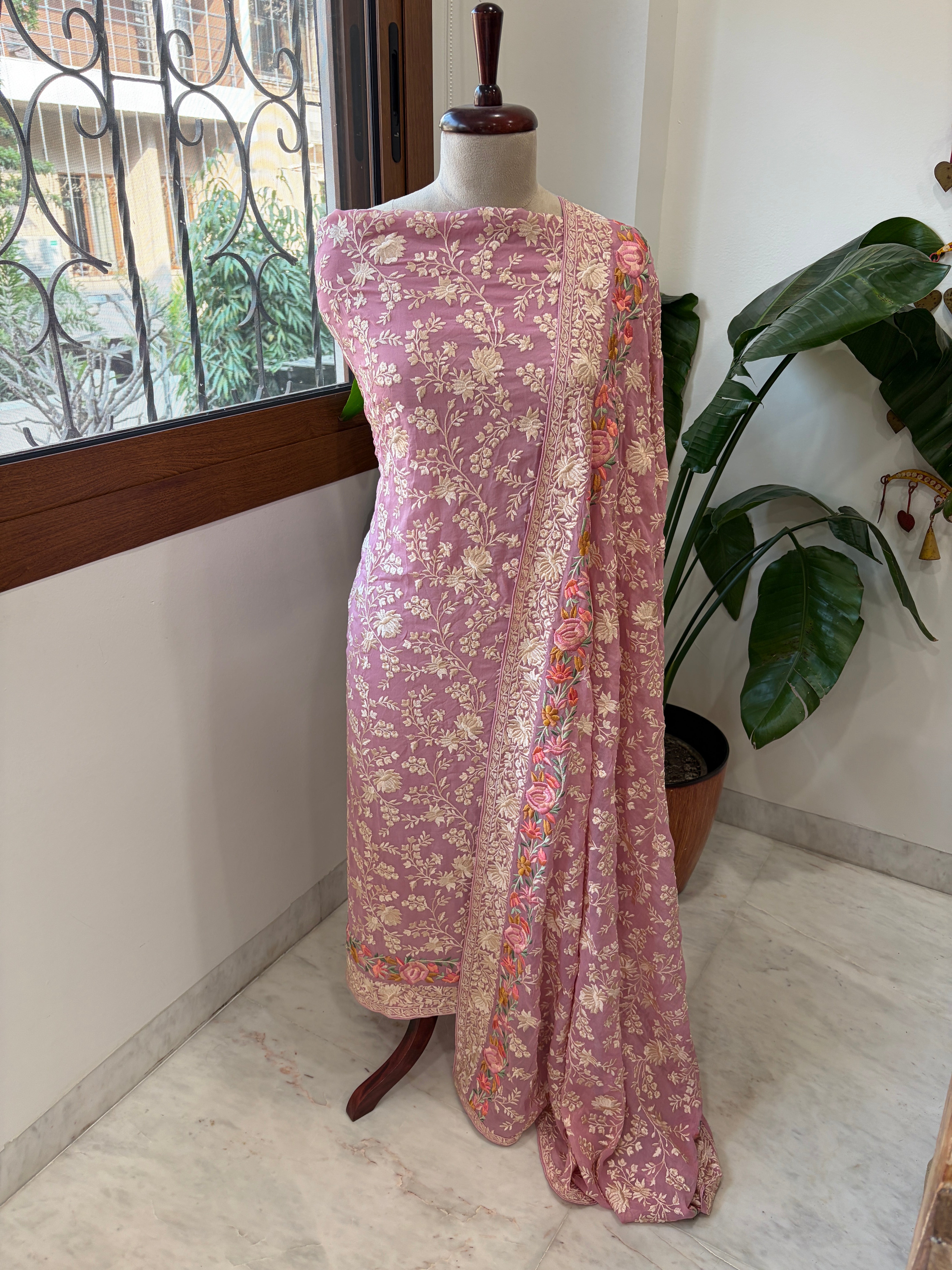 Purplish Pink Suit Set with Parsi Gara Embroidery in Georgette - Masakalee