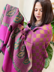Purplish Pink Woven Pashmina Zari Shawl with Kaani Pallu - Masakalee