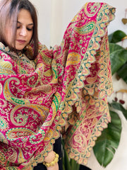 Rani Pink Chinon Dupatta with Aari Embroidery - Masakalee