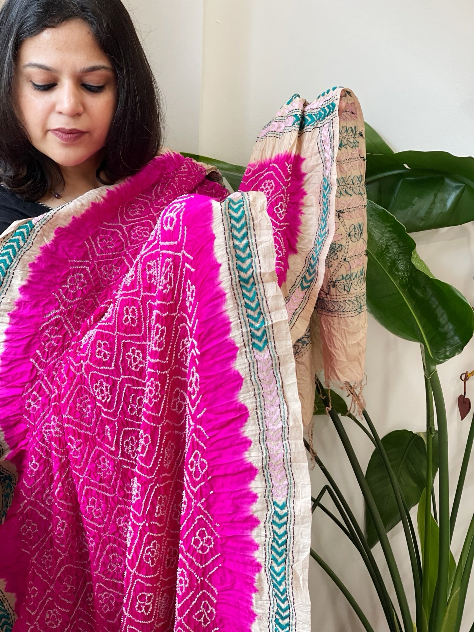 Rani Pink Rai Bandhej Dupatta with Kantha Handwork in Pure Munga Tussar Silk - Masakalee