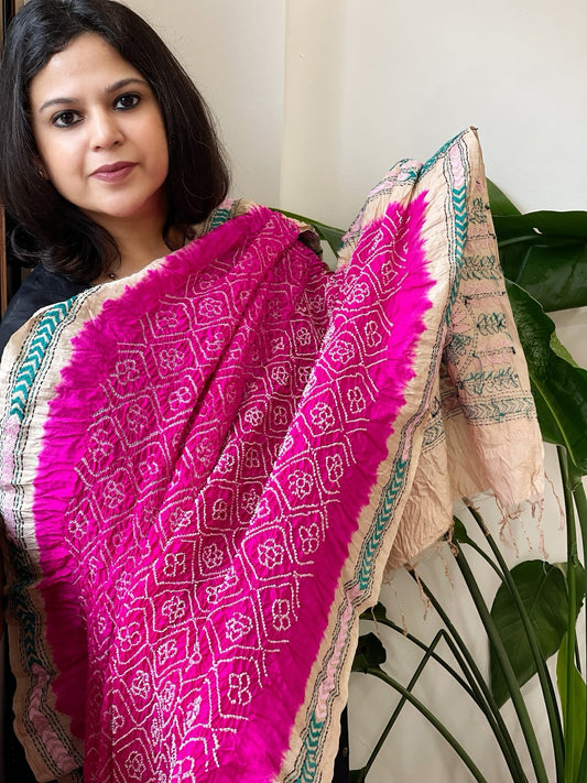 Rani Pink Rai Bandhej Dupatta with Kantha Handwork in Pure Munga Tussar Silk - Masakalee