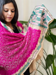 Rani Pink Rai Bandhej Dupatta with Kantha Handwork in Pure Munga Tussar Silk - Masakalee