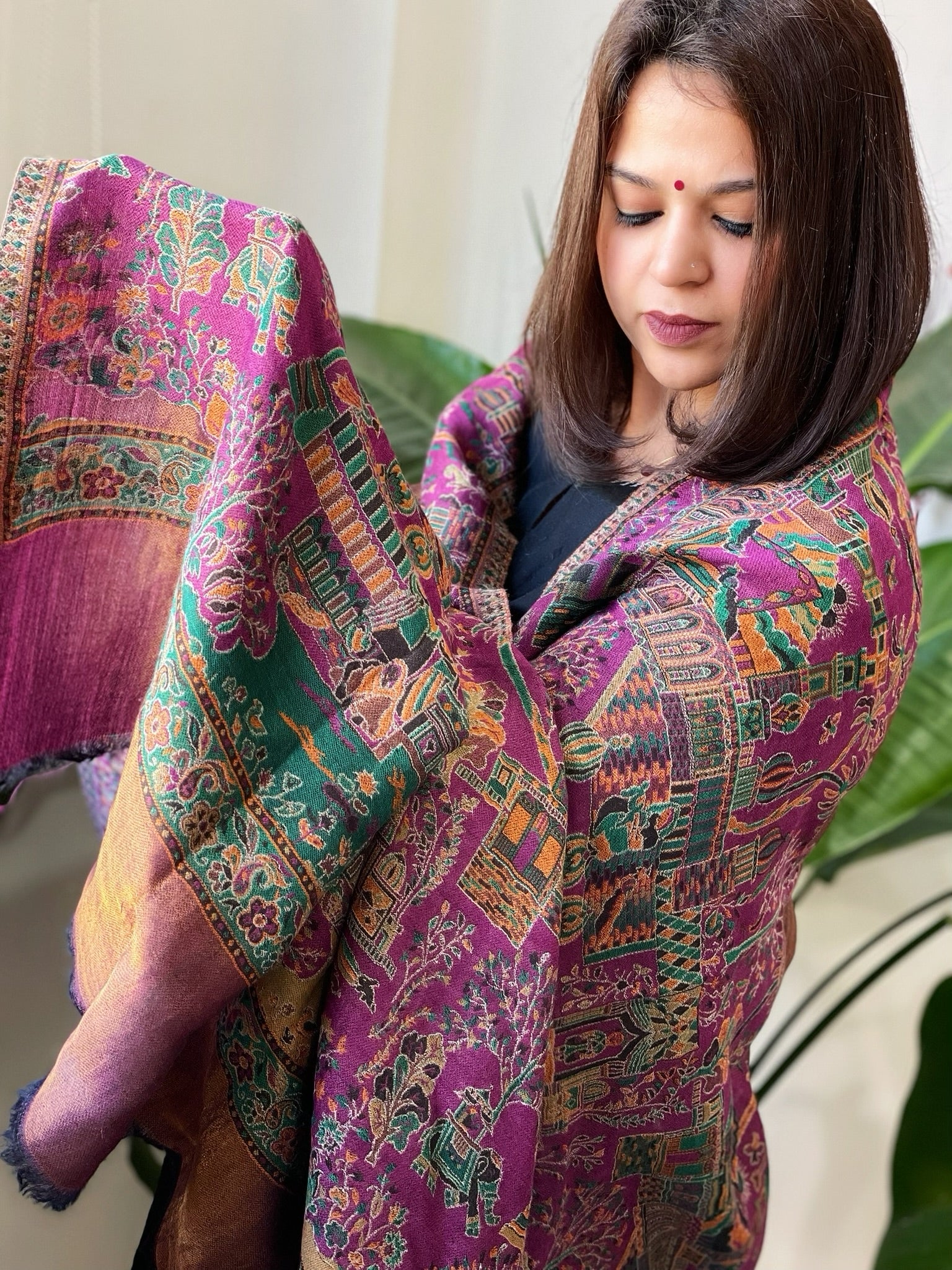 Rani Pink Woven Zari Pashmina Shawl with Kaani Design Border & Pallu - Masakalee