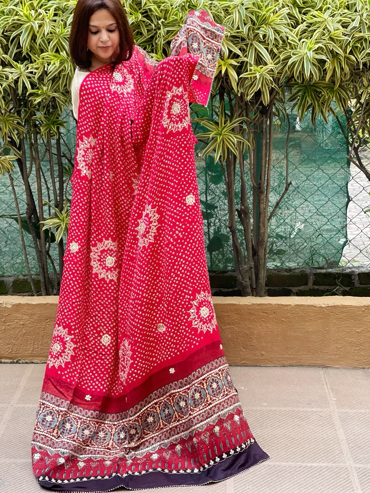 Red Bandhani, Ajrakh Dupatta with Gotapatti Handwork in Gajji Silk - Masakalee