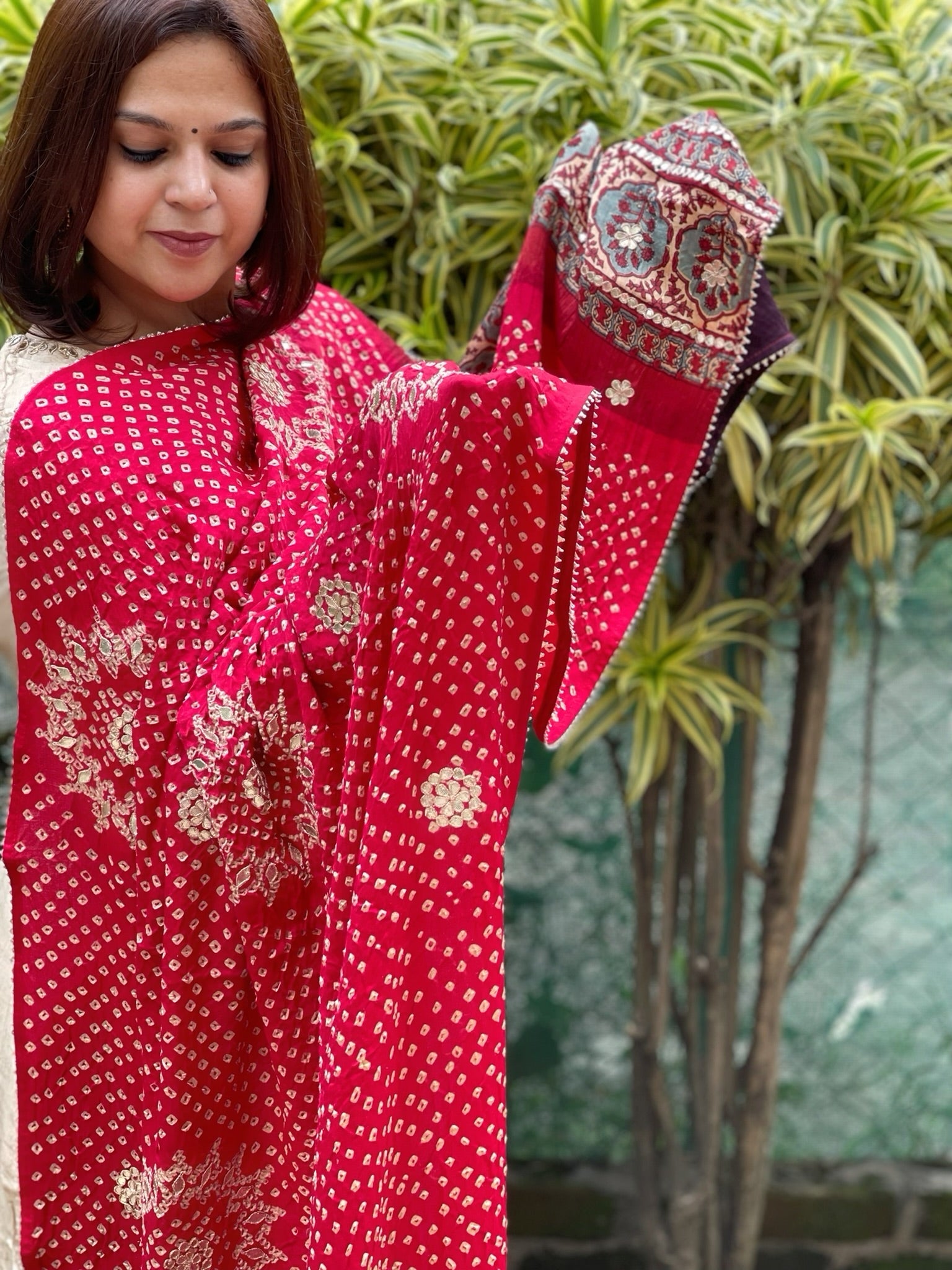 Red Bandhani, Ajrakh Dupatta with Gotapatti Handwork in Gajji Silk - Masakalee