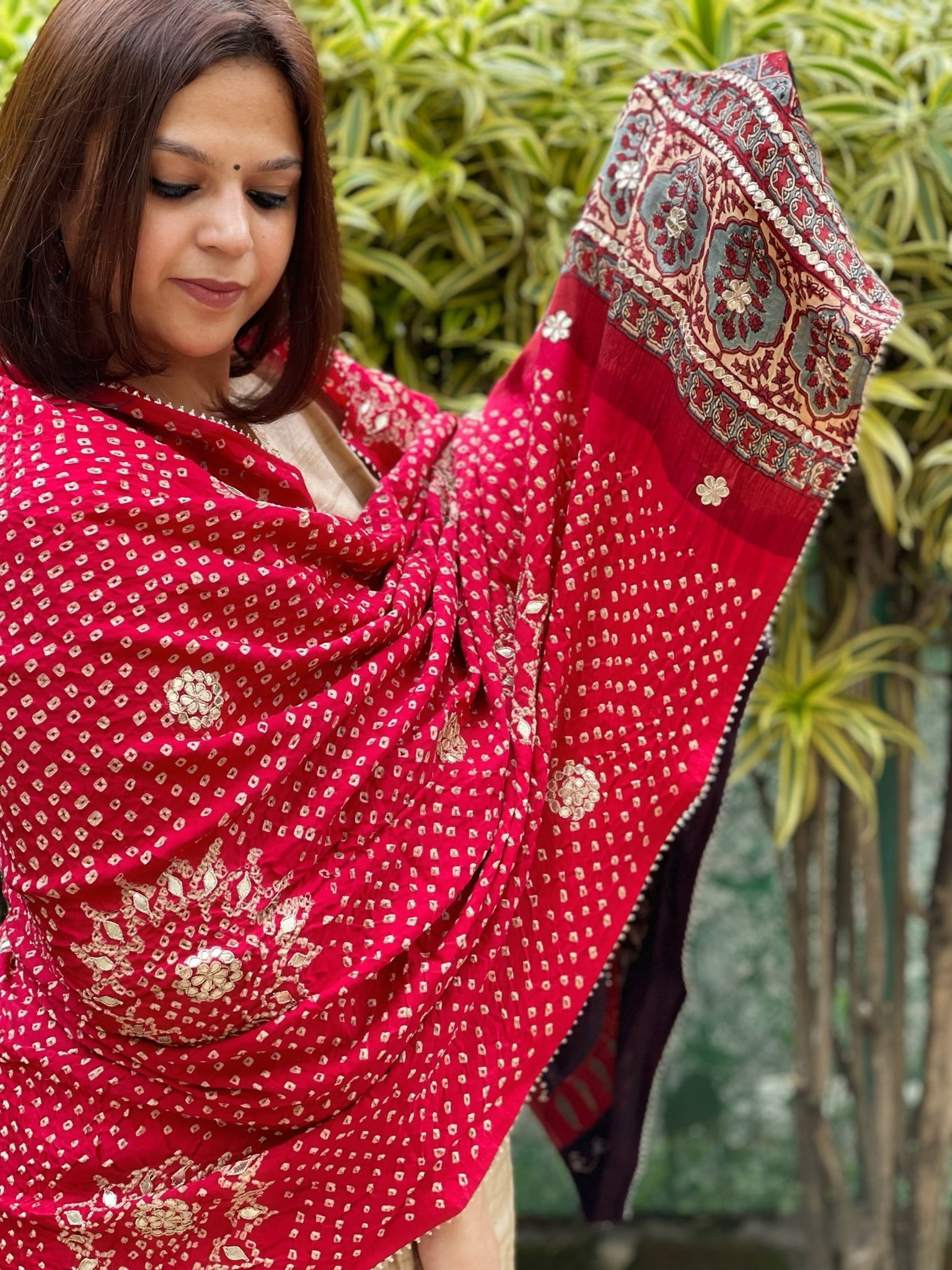 Red Bandhani, Ajrakh Dupatta with Gotapatti Handwork in Gajji Silk - Masakalee