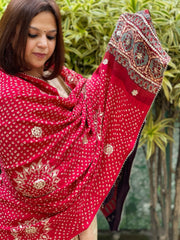 Red Bandhani, Ajrakh Dupatta with Gotapatti Handwork in Gajji Silk - Masakalee