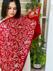 Red Bandhani Dupatta with Gotapatti Handwork in Pure Silk - Masakalee