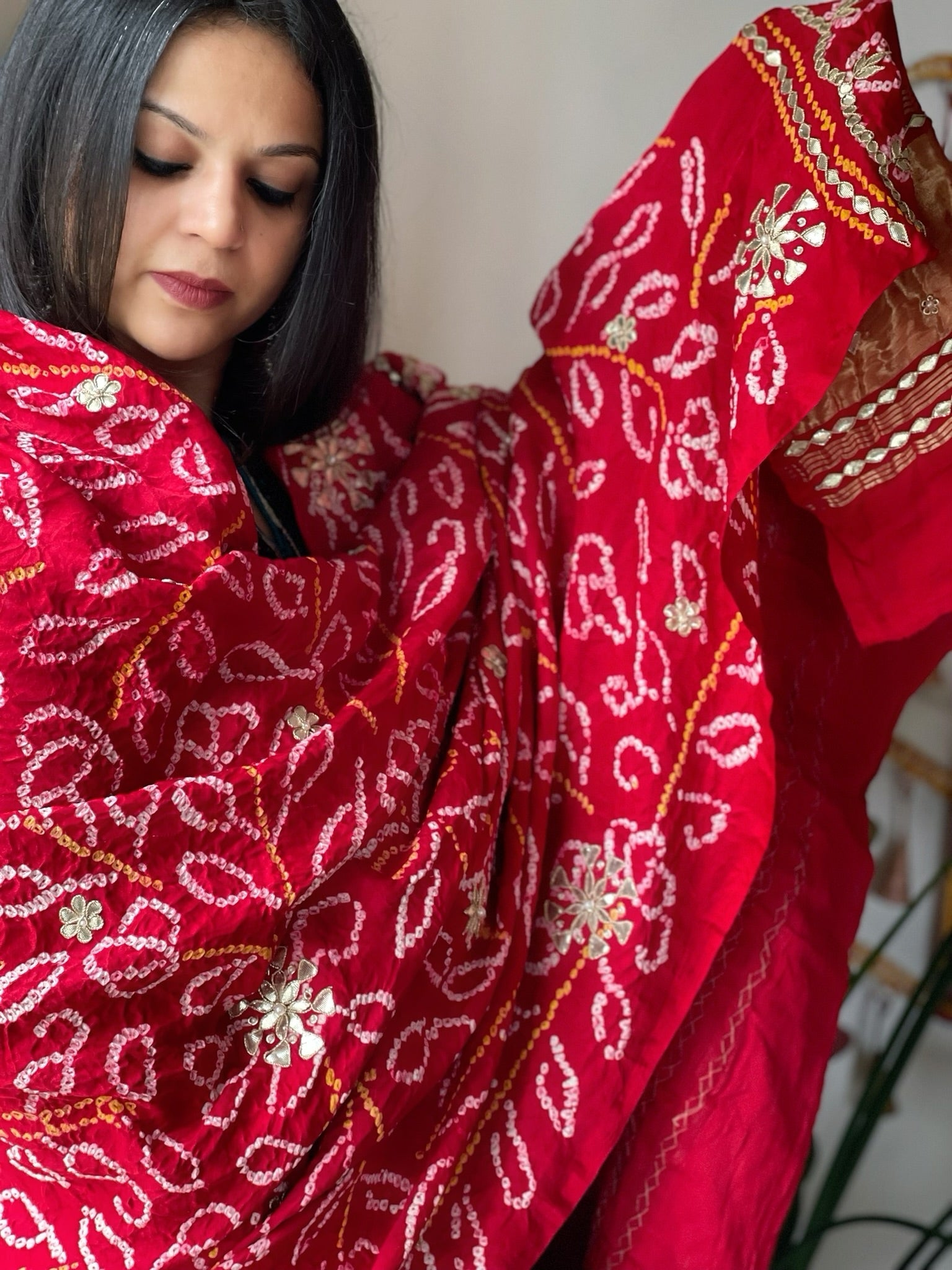 Red Bandhani Dupatta with Gotapatti Handwork in Pure Silk - Masakalee